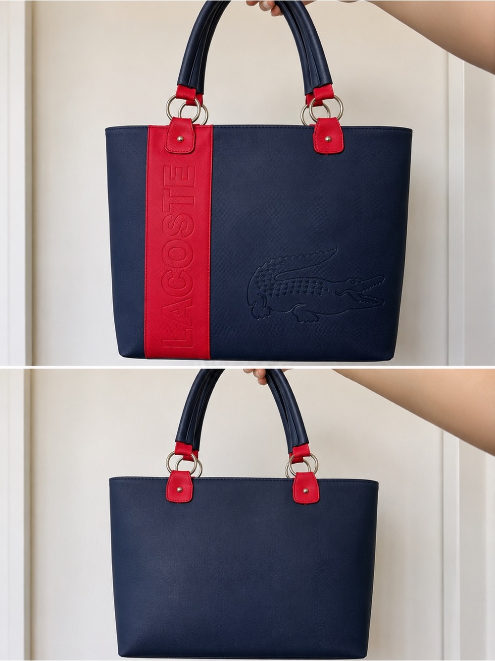 Lacoste Navy Tote with Red Accent Panel and Handles